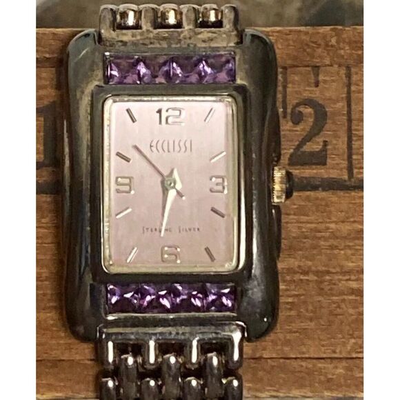 Ecclissi Womens Sterling Silver‎ Wristwatch Amethyst Crystals 32140 SR626SW - Picture 10 of 11